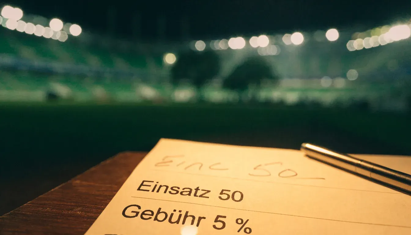 Ein Stadion unter Flutlicht aus großer Entfernung gesehen, davor eine dunkle Landstraße und einzelne Bäume.