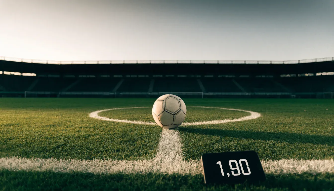 Ein Fußball liegt auf dem Anstoßpunkt eines leeren Rasenplatzes, dahinter eine menschenleere Tribüne im weichen Abendlicht.