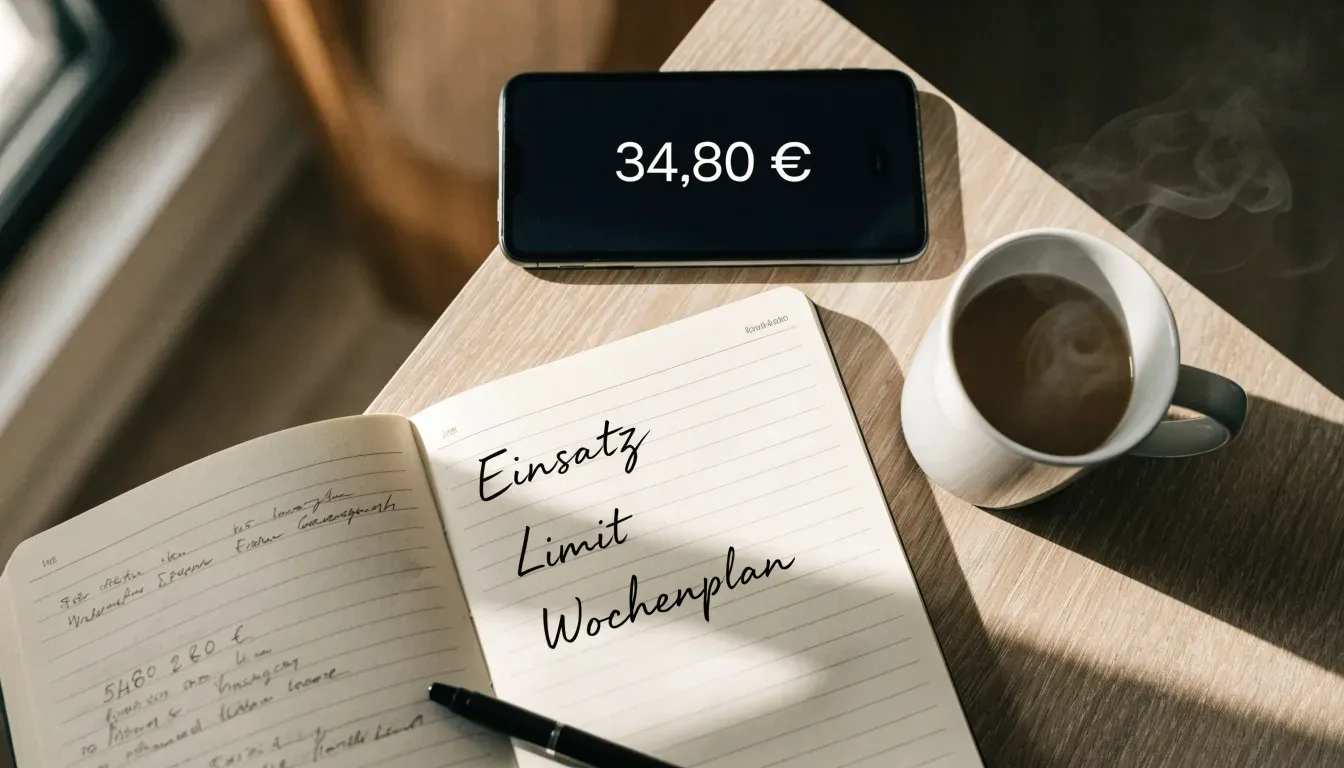 Ein aufgeschlagenes Notizbuch mit handgeschriebenen Notizen und ein Kugelschreiber liegen auf einem Schreibtisch neben einer Tasse Tee.