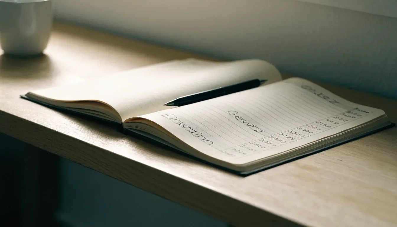 Ein Notizbuch mit handschriftlichen Rechnungen und ein Taschenrechner auf einem Schreibtisch, im Fenster fällt Morgenlicht.
