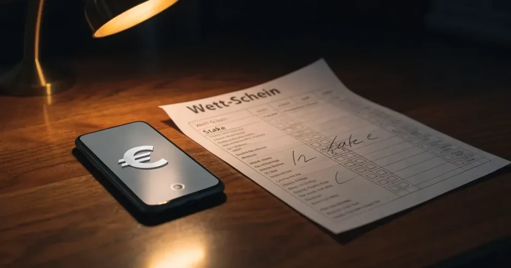 Eine Hand schiebt einen kleinen Stapel Euro-Münzen über eine Tischplatte, daneben liegt ein leerer Wettschein aus Papier im warmen Lampenlicht.