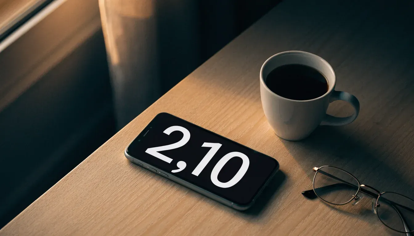 Ein Smartphone mit dunklem Display liegt auf einem Holztisch neben einer Tasse Kaffee, am Fenster fällt Abendlicht.