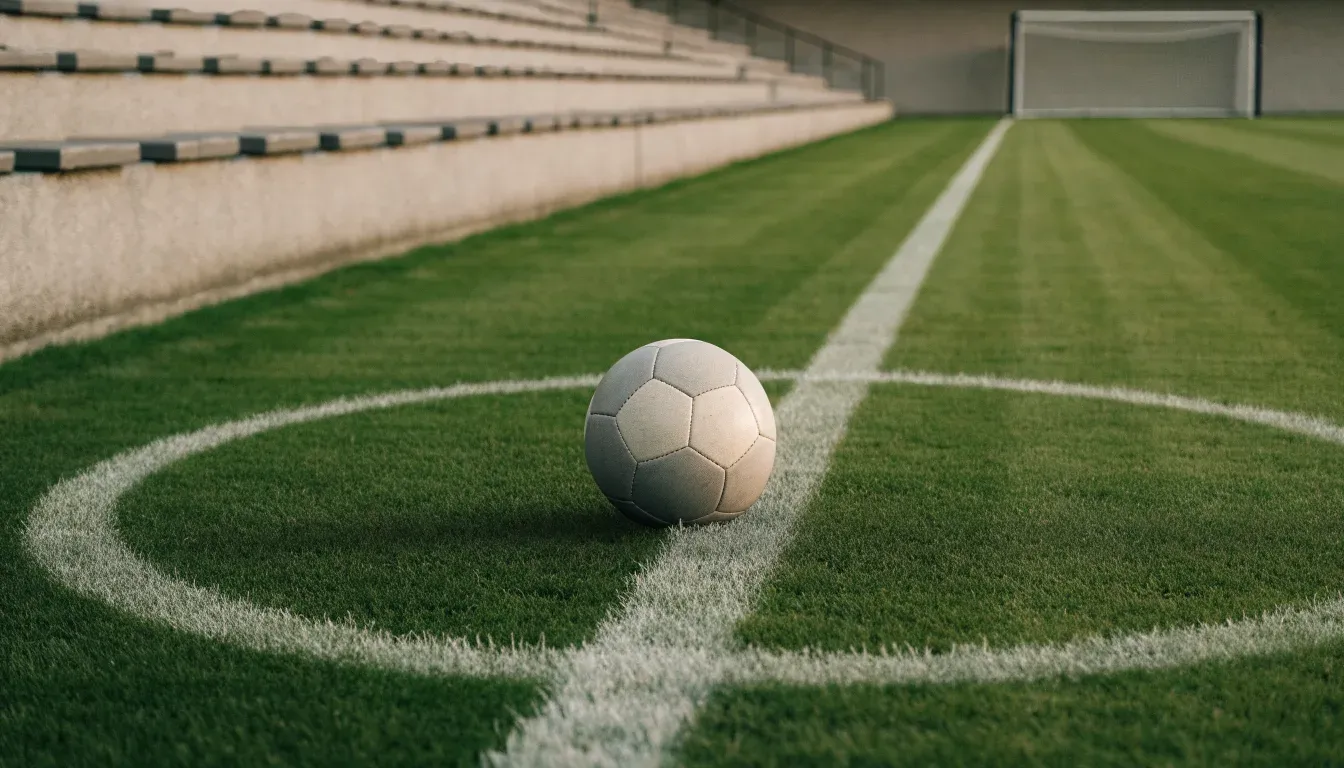 Ein Fußball liegt auf dem Anstoßpunkt eines leeren Rasenplatzes, dahinter eine leere Tribüne in weichem Licht.