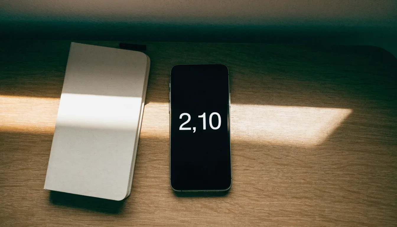 Ein Smartphone mit dunklem Display liegt auf einem Holztisch neben einem Notizbuch, durch das Fenster fällt Abendlicht.