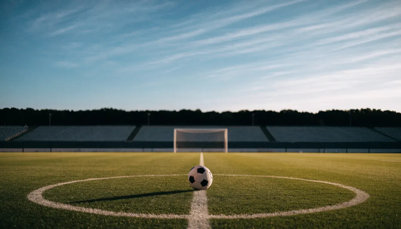 Ein Fußball liegt auf dem Anstoßpunkt eines leeren Rasenplatzes, im Hintergrund eine menschenleere Tribüne im weichen Abendlicht.