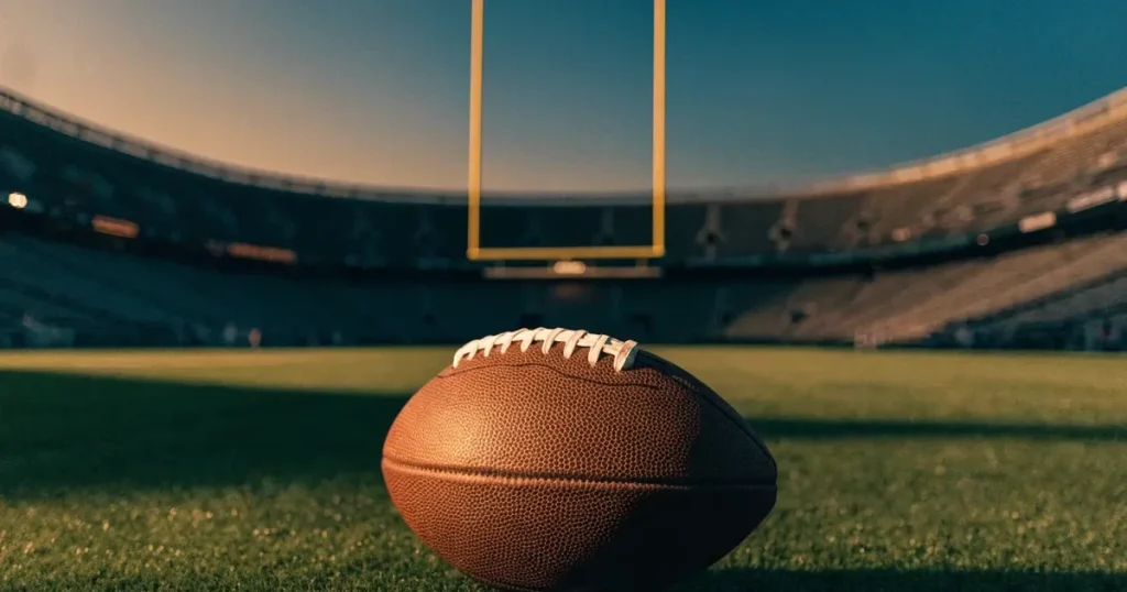 Ein ovaler Football liegt auf dem Rasen vor den gelben Torstangen eines leeren Stadions in der Abenddämmerung.