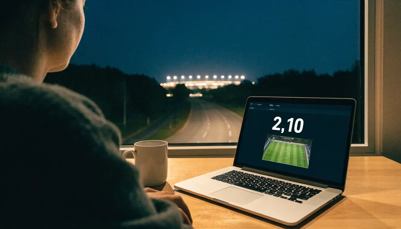 Ein großes Stadion unter Flutlicht aus weiter Entfernung gesehen, davor eine dunkle Landstraße und ein paar Bäume.