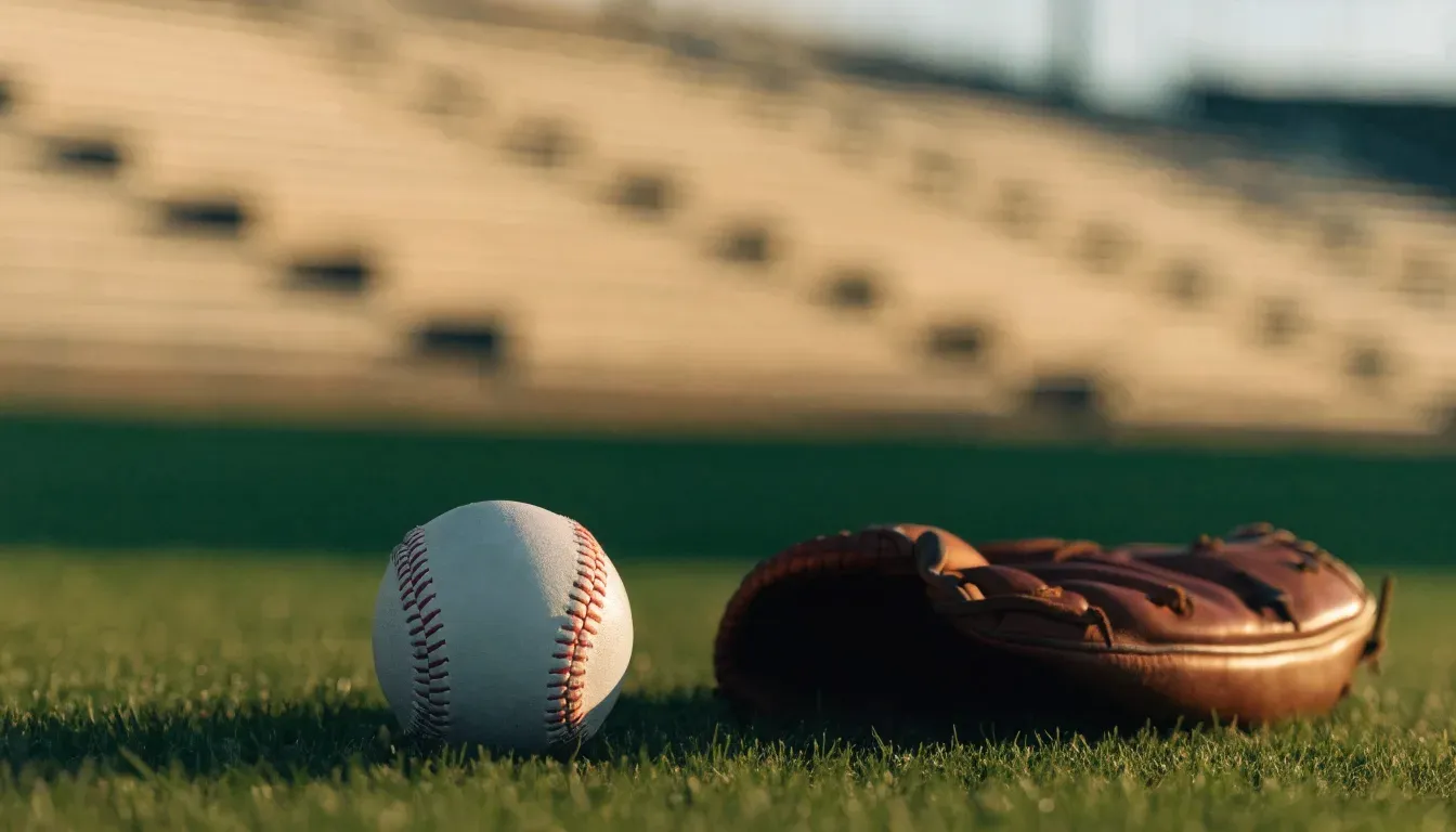 Ein Baseball liegt auf dem Rasen neben einem Lederhandschuh ohne Aufschrift, im Hintergrund eine leere Tribüne im Abendlicht.