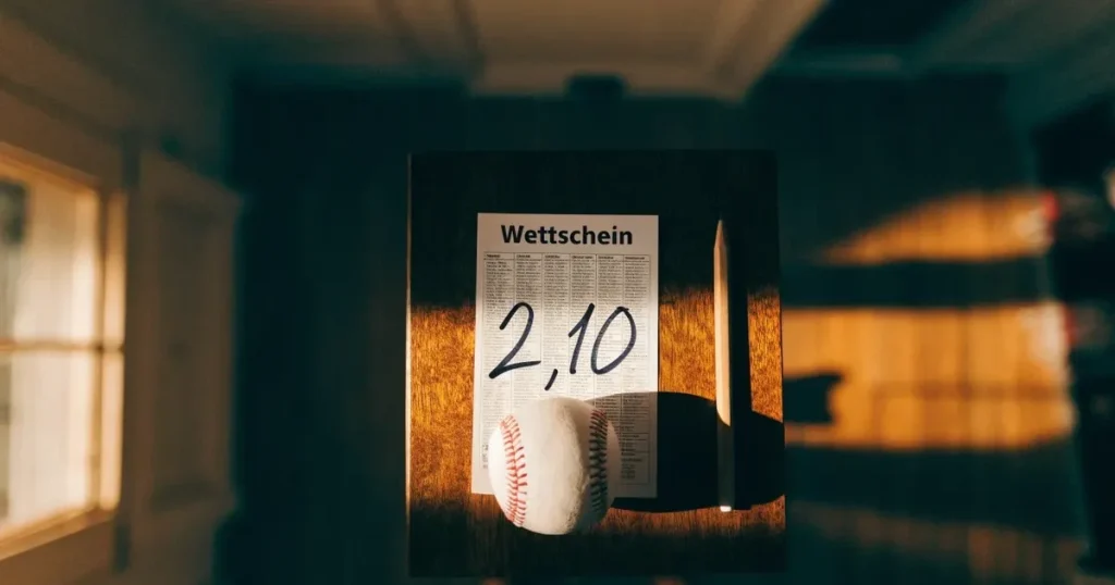 Ein leeres Baseballfeld mit Sandfläche, Basen und weißen Linien in der Morgendämmerung, über dem Rasen liegt leichter Nebel.