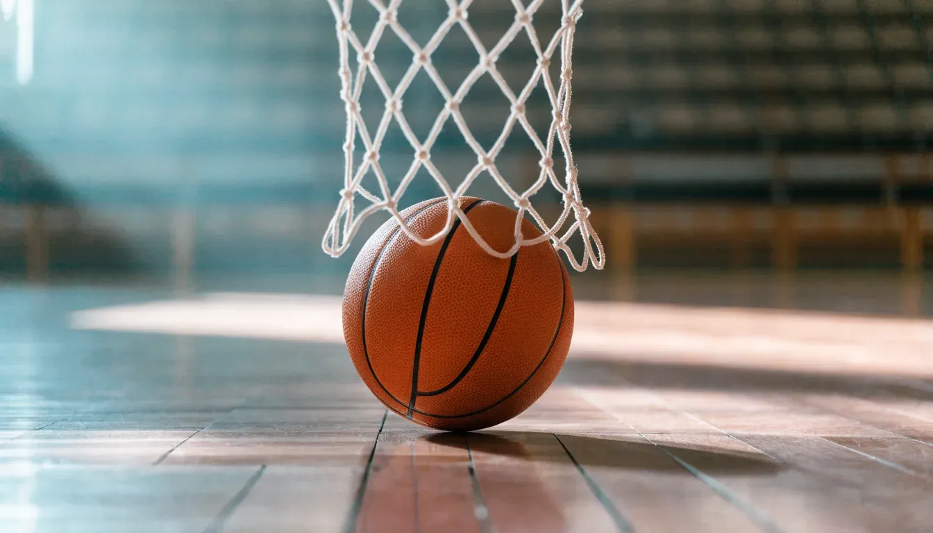 Ein orangefarbener Basketball liegt auf einem Hallenboden unter dem Netz eines Korbs, im Hintergrund unscharf leere Sitzreihen.