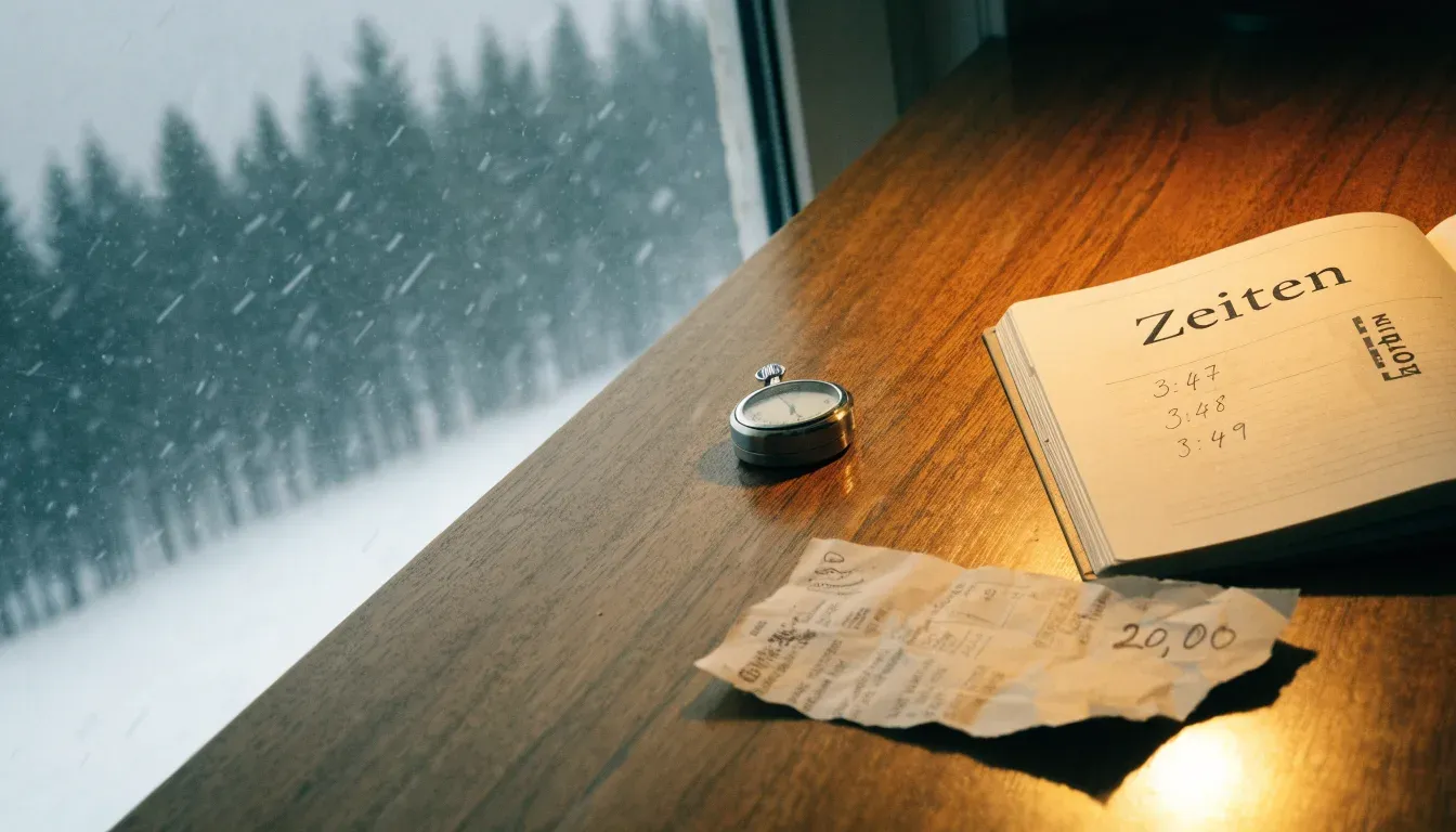 Ein Notizbuch mit handschriftlichen Zeiten liegt neben einer Stoppuhr auf einem Holztisch, draußen vor dem Fenster fällt Schnee.