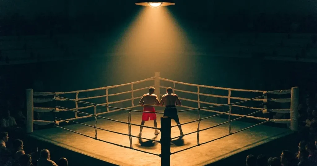 Ein leerer Boxring mit gespannten Seilen unter einer Hallenlampe, der Ringboden ist im Licht gut zu erkennen, niemand ist zu sehen.