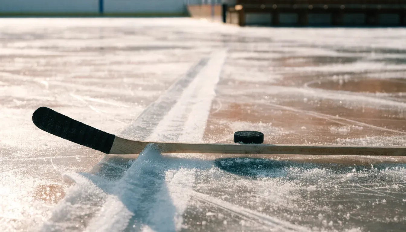 Ein Eishockeyschläger und ein schwarzer Puck liegen auf dem Eis, eine Kratzspur zieht sich durch das Bild.