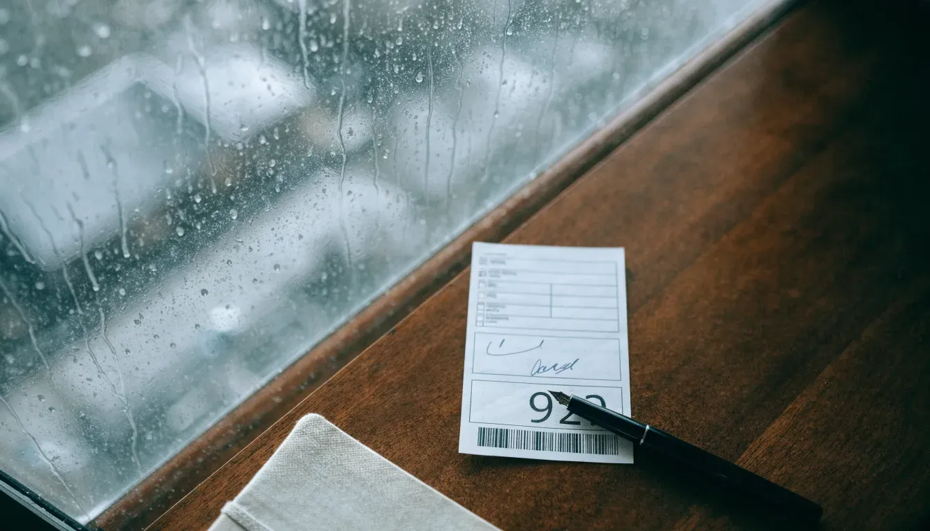 Ein Schreibtisch mit Füllfeder und geschlossenem Notizbuch vor einem Fenster an einem regnerischen Tag, kein Text erkennbar.