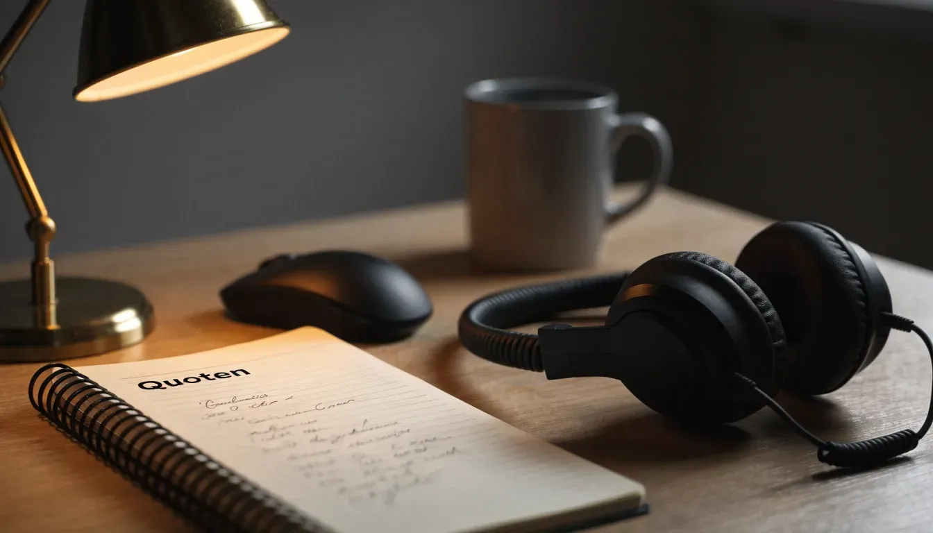 Ein Headset und eine Computermaus liegen auf einem Schreibtisch neben einem Notizbuch mit handschriftlichen Notizen, Lampenlicht am Abend.
