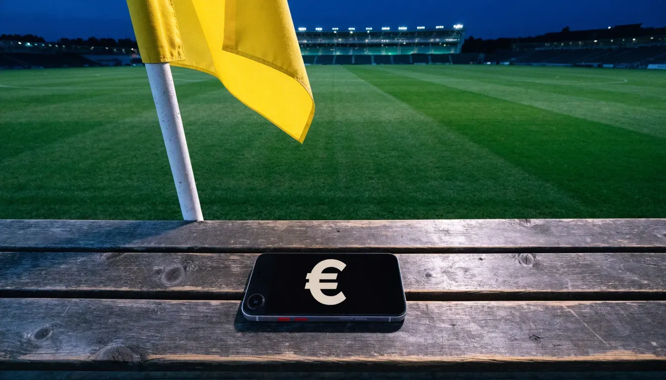 Eine Eckfahne am Rand eines Rasenplatzes, dahinter ein leeres Stadion unter Flutlicht aus der Ferne gesehen.