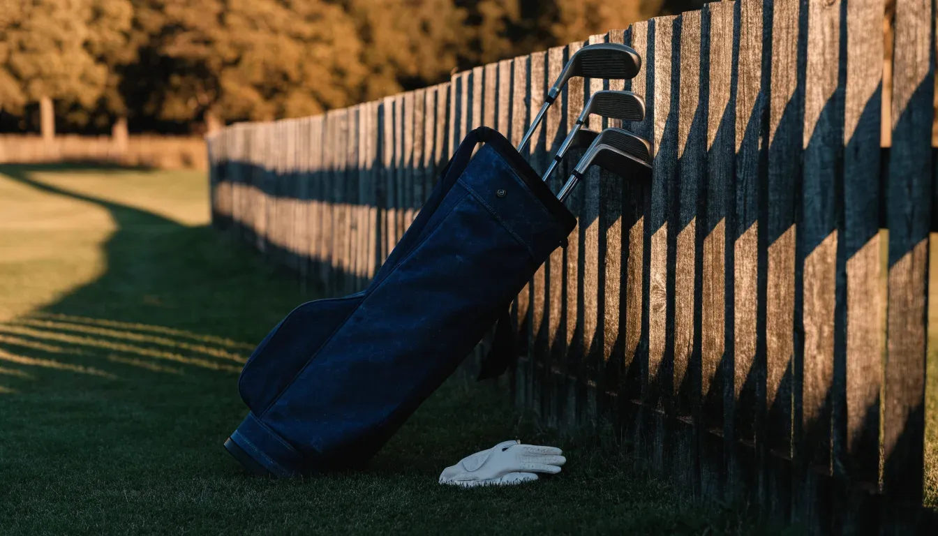 Ein Golfbag mit Schlägern lehnt an einem Holzzaun am Rand einer Spielbahn, tiefstehende Sonne von der Seite.