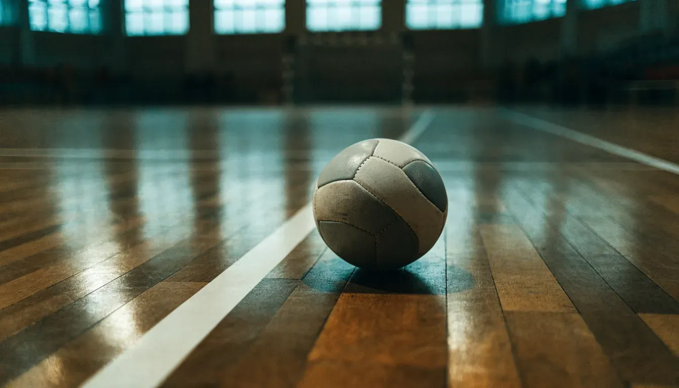 Ein Handball liegt auf dem Parkett einer Halle neben einer Spielfeldlinie, Licht fällt von oben ein.