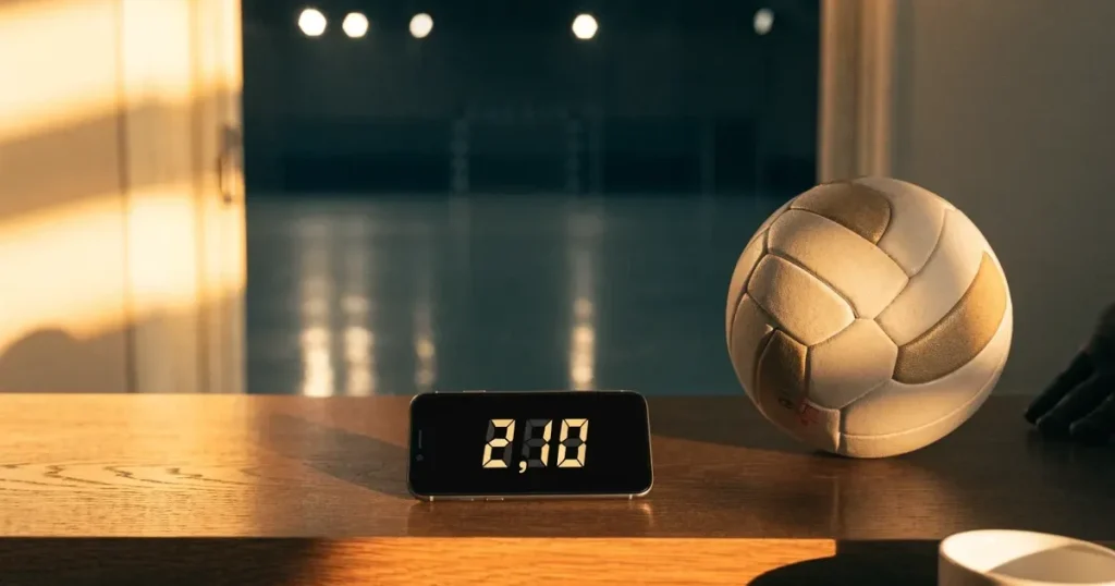 Eine leere Handballhalle von der Tribüne aus gesehen, der Hallenboden glänzt, an beiden Enden stehen Tore.