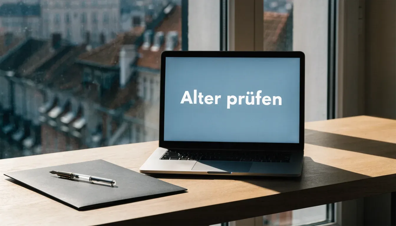 Ein leerer Schreibtisch mit Füllfeder und geschlossenem Ordner im Morgenlicht, daneben ein Fenster mit Blick auf Dächer.