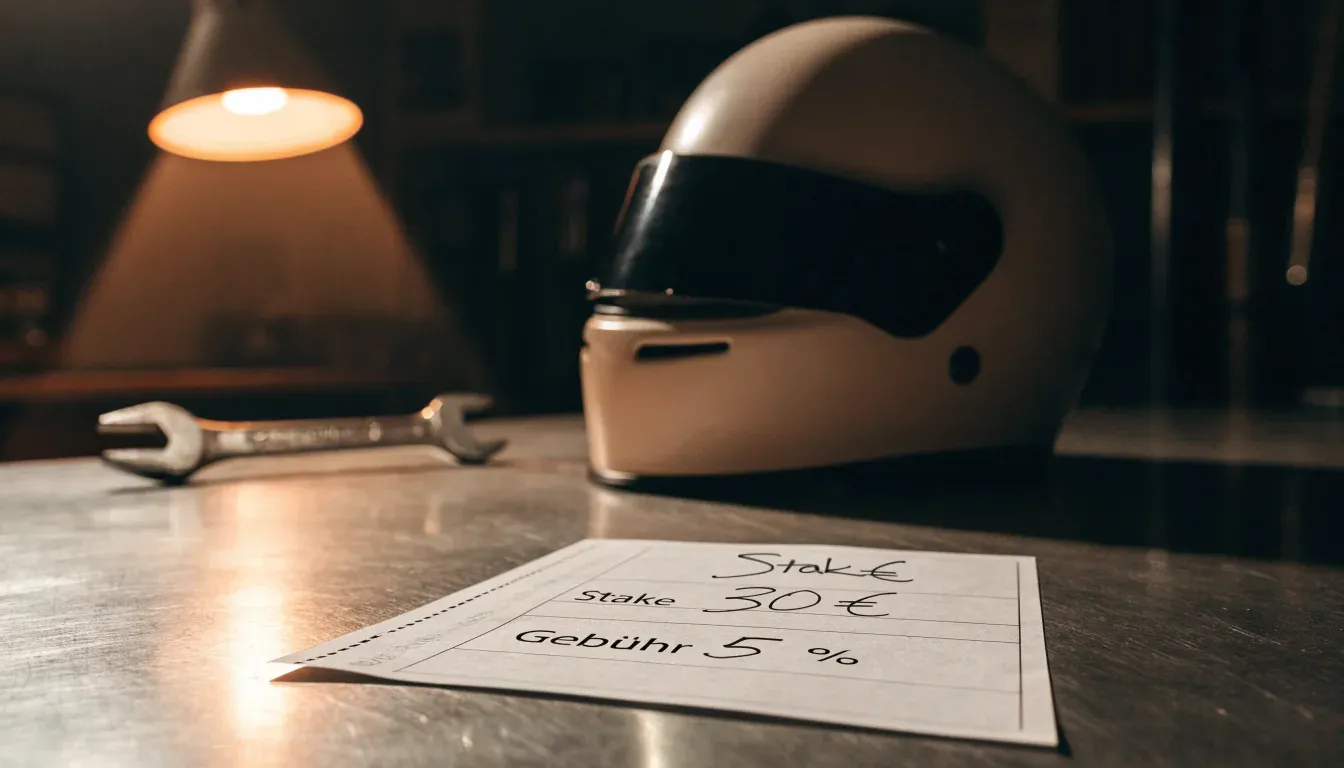 Ein Helm ohne Aufdruck steht auf einem Metalltisch in einer Werkstatt, daneben ein Schraubenschlüssel im Licht einer Lampe.