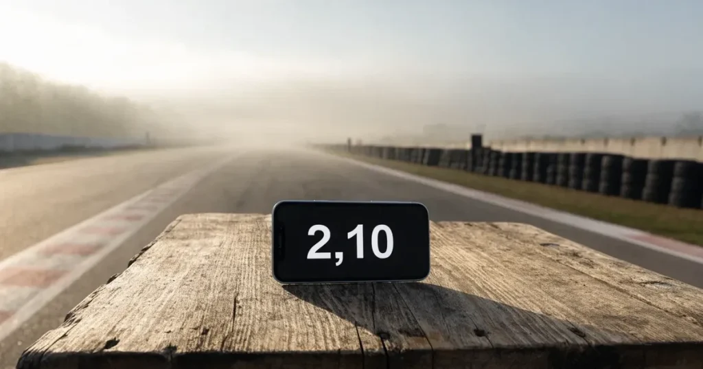 Eine Rennstrecke im Morgennebel, leere Gerade mit Randsteinen, Reifenstapeln und Leitplanken, keine Fahrzeuge im Bild.