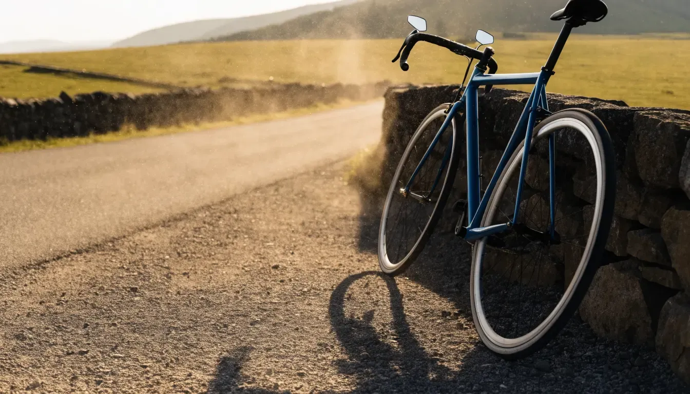 Ein Rennrad lehnt an einer Steinmauer am Straßenrand, die Sonne steht tief und wirft einen langen Schatten.