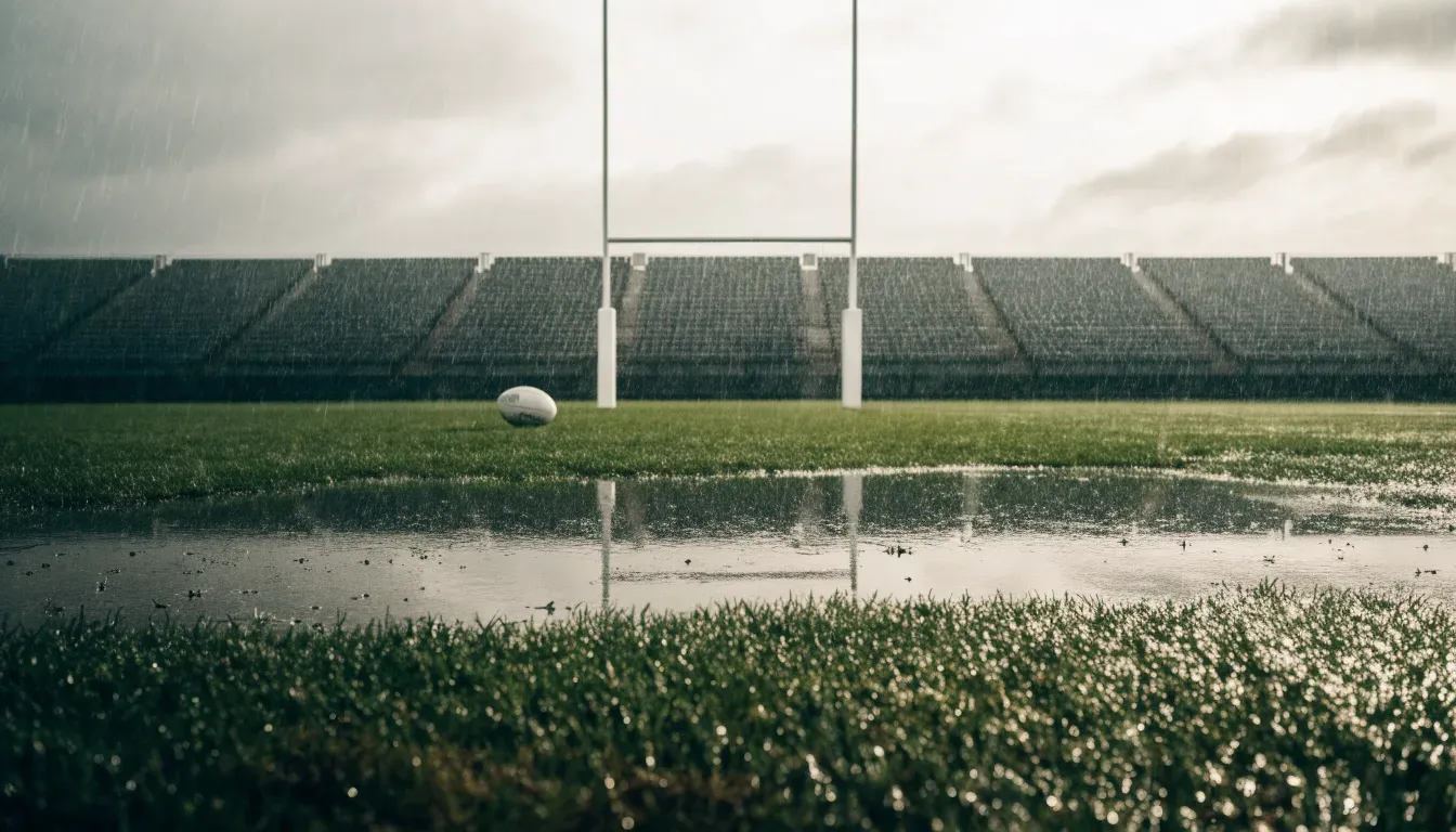 Die leere Tribüne eines Stadions mit Torstangen im Hintergrund, feiner Regen fällt über den Rängen.