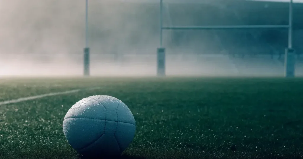 Ein ovaler Rugbyball liegt auf nassem Rasen vor den Torstangen, Nebel hängt über dem Platz am Morgen.