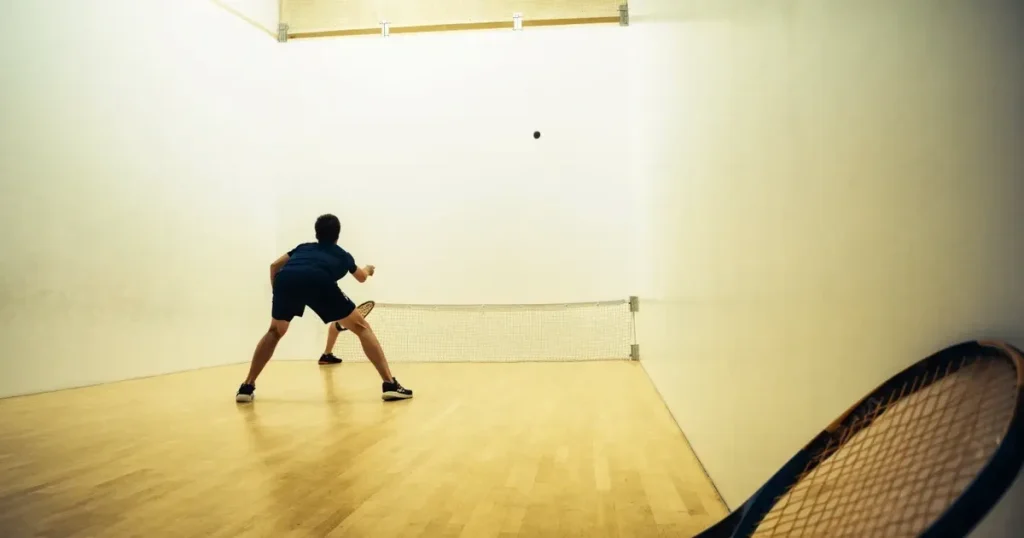 Squashhalle mit weißen Wänden und hellem Holzboden, ein kleiner schwarzer Gummiball liegt neben einem Schläger auf der Linie, weiches Hallenlicht.