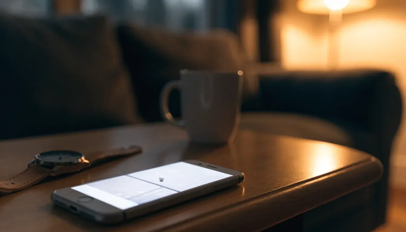 Ein Smartphone liegt mit dem Display nach unten auf einem Tisch neben einer Armbanduhr, im Hintergrund eine ruhige Wohnzimmerecke am Abend.