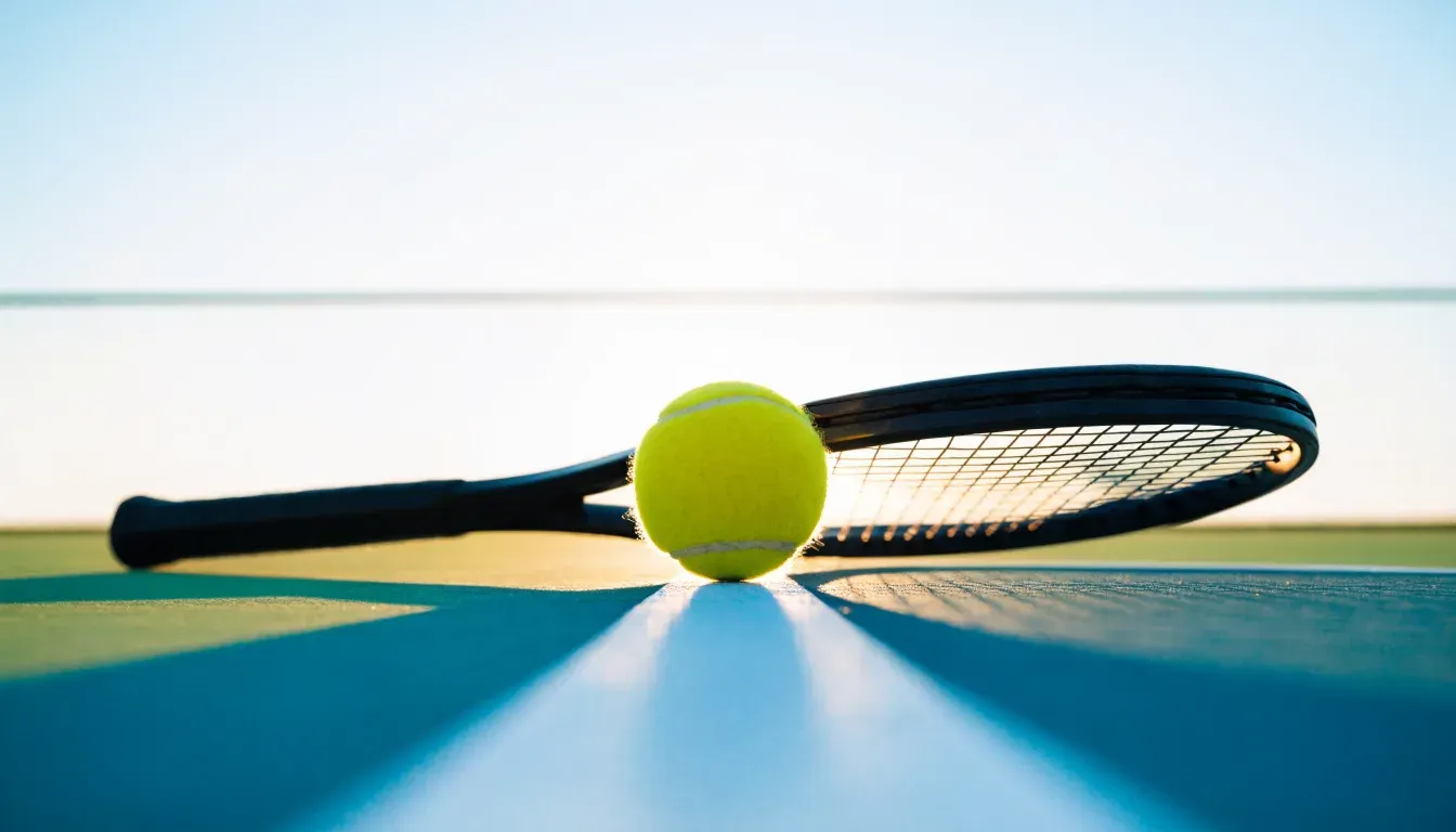 Ein gelber Tennisball liegt auf der weißen Linie eines Hartplatzes, davor ein Schläger mit der Bespannung nach oben, flaches Gegenlicht.
