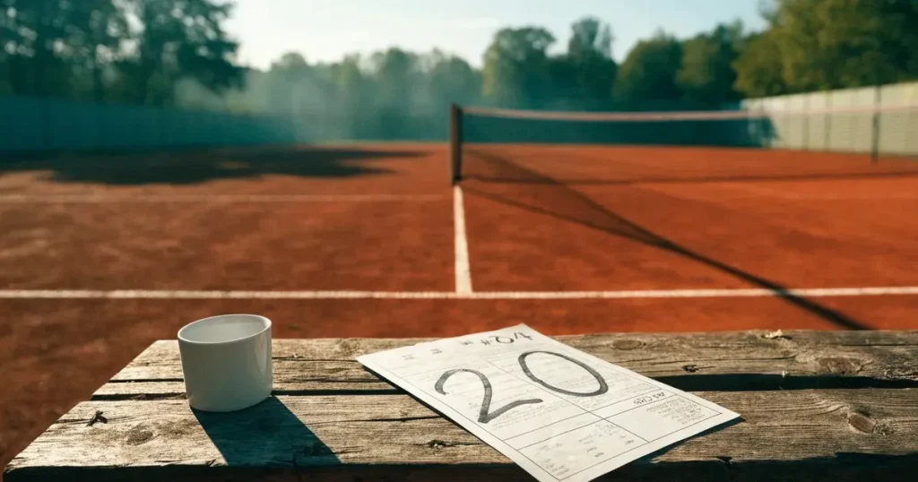 Ein leerer Tennisplatz mit Sandbelag im frühen Morgenlicht, Netz und Grundlinie sind sichtbar, niemand ist auf dem Platz.