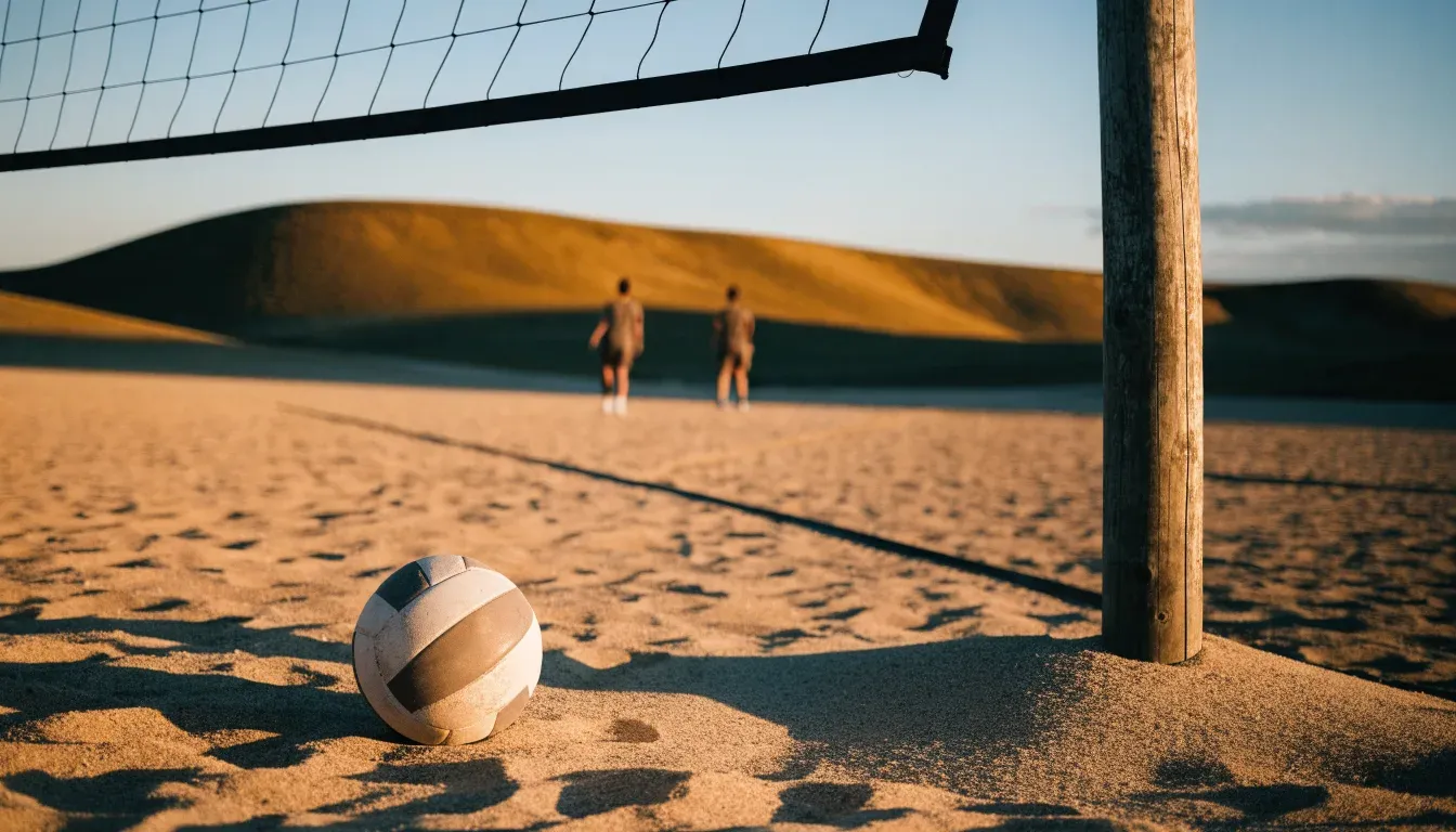 Ein Volleyball liegt auf Sand neben einem Netzpfosten, Strandlicht am späten Nachmittag, im Hintergrund unscharfe Dünen.