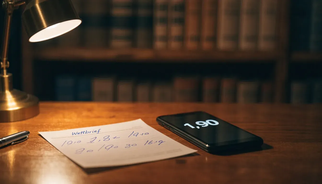 Eine kleine Messingwaage steht auf einem dunklen Holztisch vor einem Bücherregal, warmes Lampenlicht, keine lesbaren Titel.