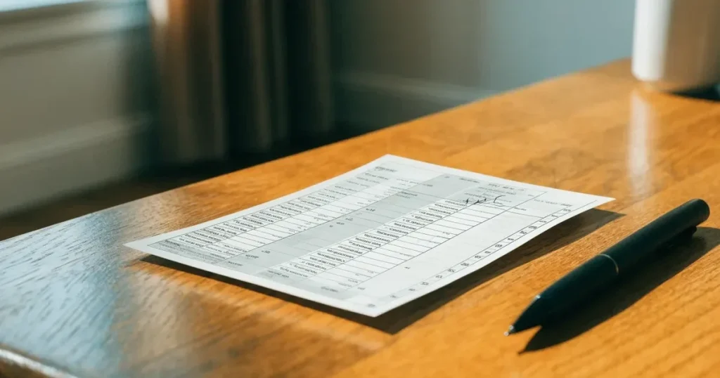 Ein blanker Wettschein aus Papier liegt neben einem Stift und einer kleinen Münzschale auf einem Holztisch, weiches Licht von links.
