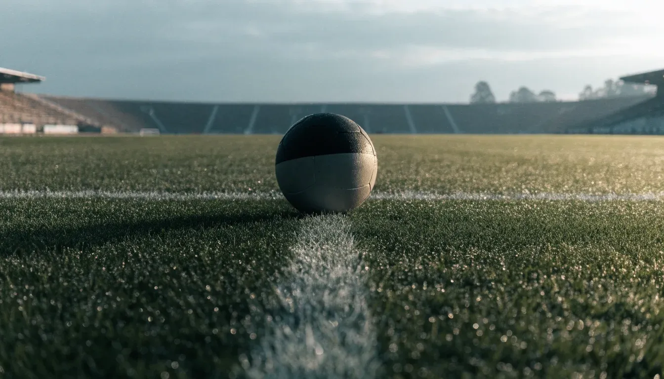 Ein Fußball auf dem Mittelpunkt eines Rasenplatzes, früher Morgen, Tau auf dem Gras, im Hintergrund leere Tribünen.