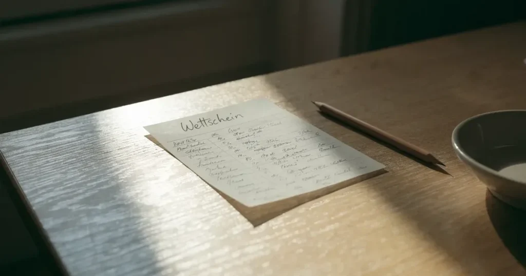 Ein blanker Wettschein aus Papier liegt neben einem Bleistift auf einem hellen Holztisch, daneben eine kleine Schale, ohne erkennbare Schrift.