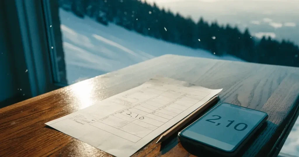 Ein verschneiter Skihang im Winterlicht mit einer leeren Liftspur, im Hintergrund Nadelwald und klarer Himmel, keine Personen.