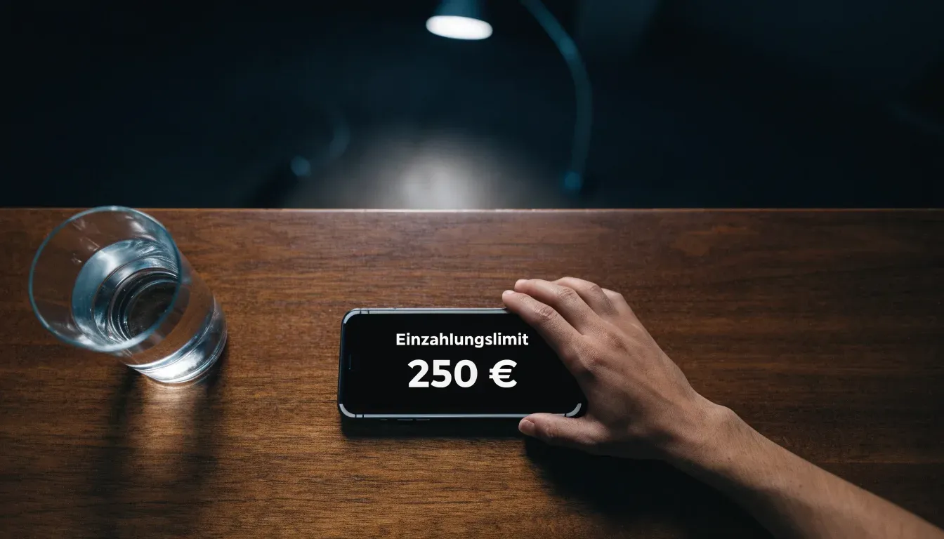 Ein Smartphone liegt mit dem Display nach unten auf einem Holztisch neben einem Glas Wasser, ruhige Abendstimmung in einem Wohnzimmer.