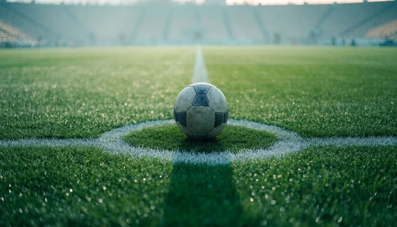 Ein Fußball auf dem Mittelpunkt eines Rasenplatzes, früher Morgen, Tau auf dem Gras, im Hintergrund leere Tribünen.