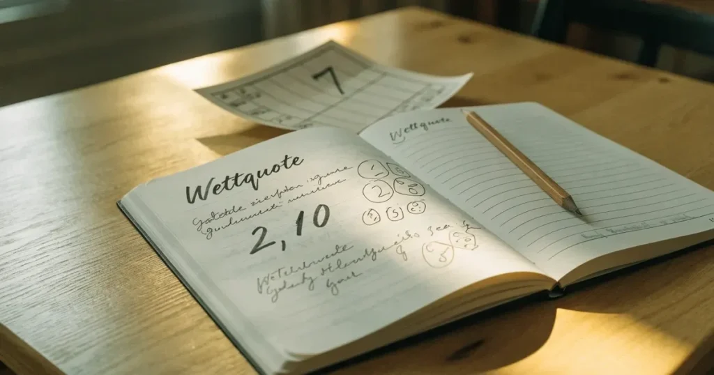 Ein Notizbuch mit handschriftlichen Stichpunkten und kleinen Skizzen liegt neben einem Bleistift auf einem hellen Tisch, Tageslicht von der Seite.
