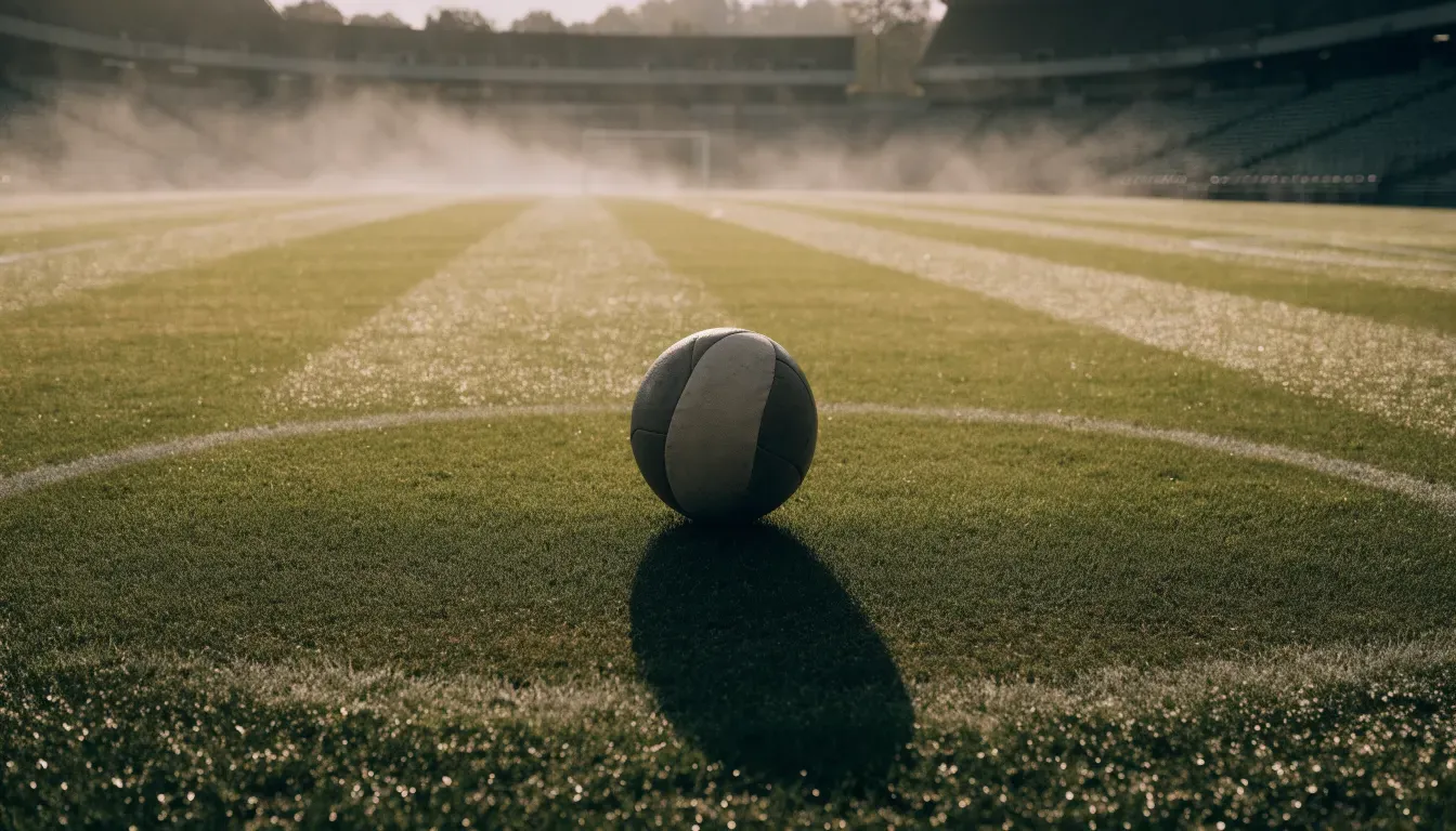Ein Fußball auf dem Mittelpunkt eines Rasenplatzes, früher Morgen, Tau auf dem Gras, im Hintergrund leere Tribünen.