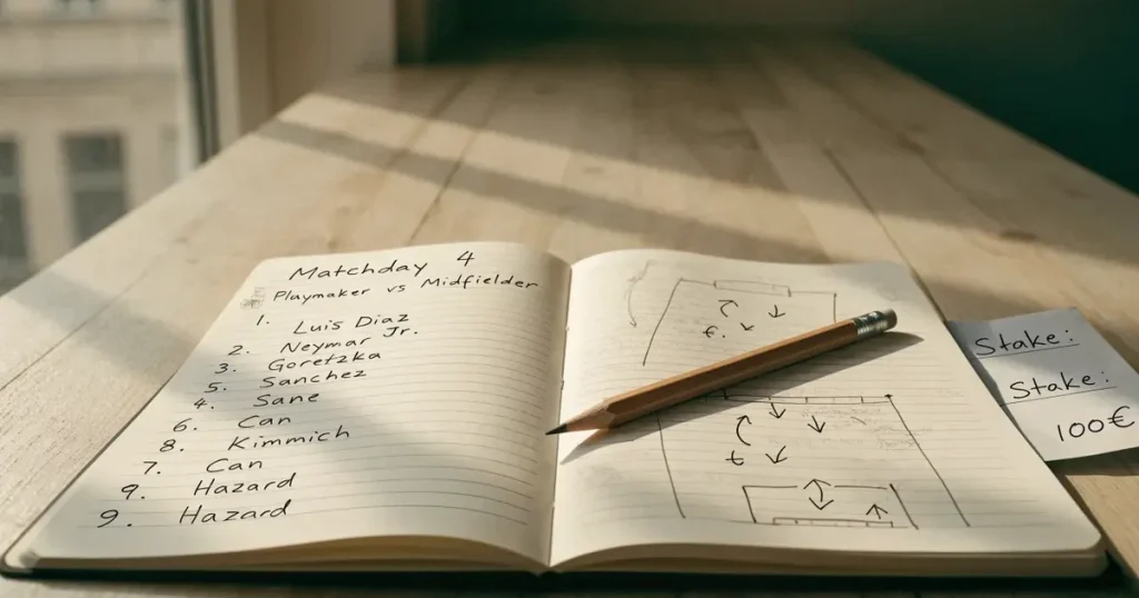 Ein Notizbuch mit handschriftlichen Stichpunkten und kleinen Skizzen liegt neben einem Bleistift auf einem hellen Tisch, Tageslicht von der Seite.