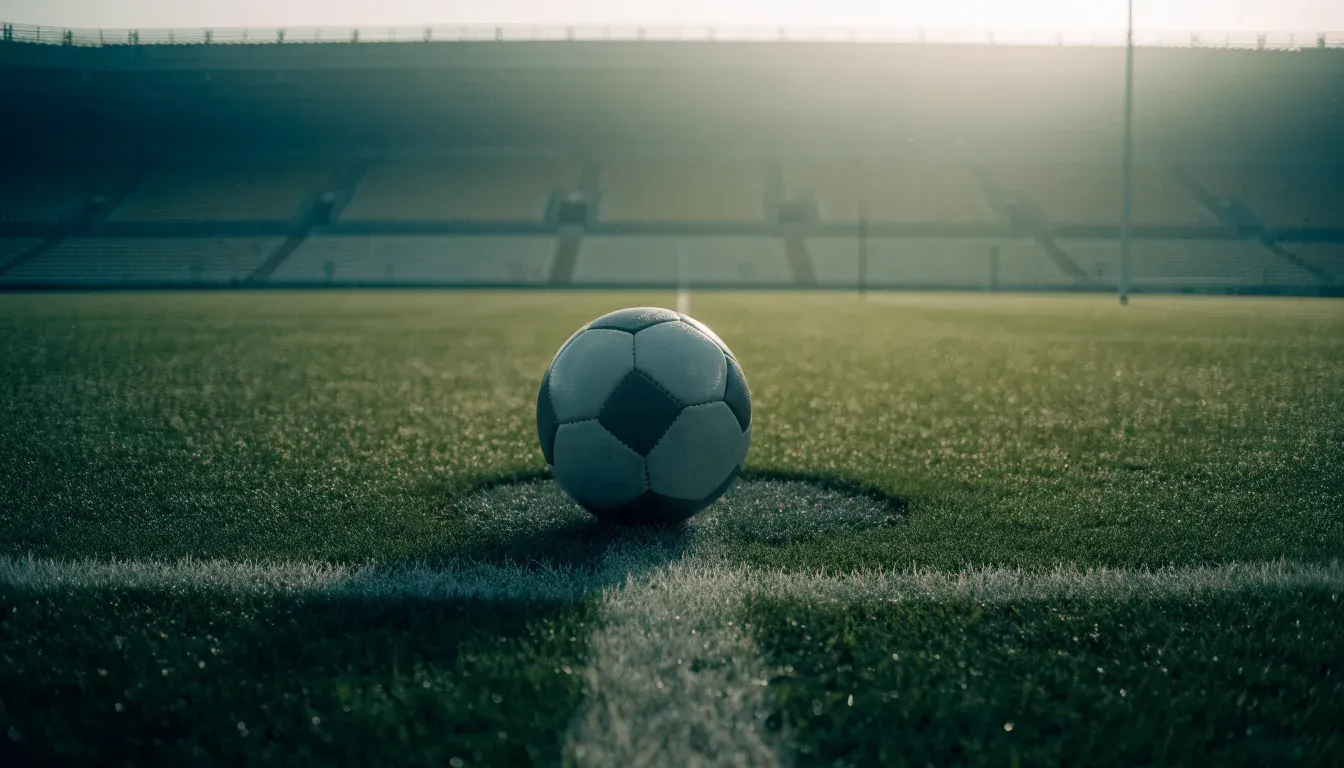 Ein Fußball auf dem Mittelpunkt eines Rasenplatzes, früher Morgen, Tau auf dem Gras, im Hintergrund leere Tribünen.