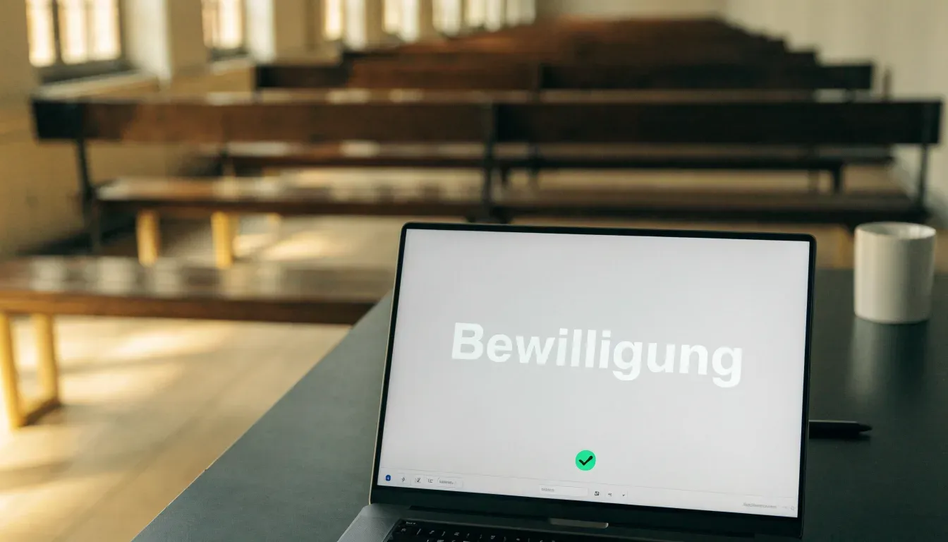 Leerer Sitzungssaal mit Holzbänken im Morgenlicht