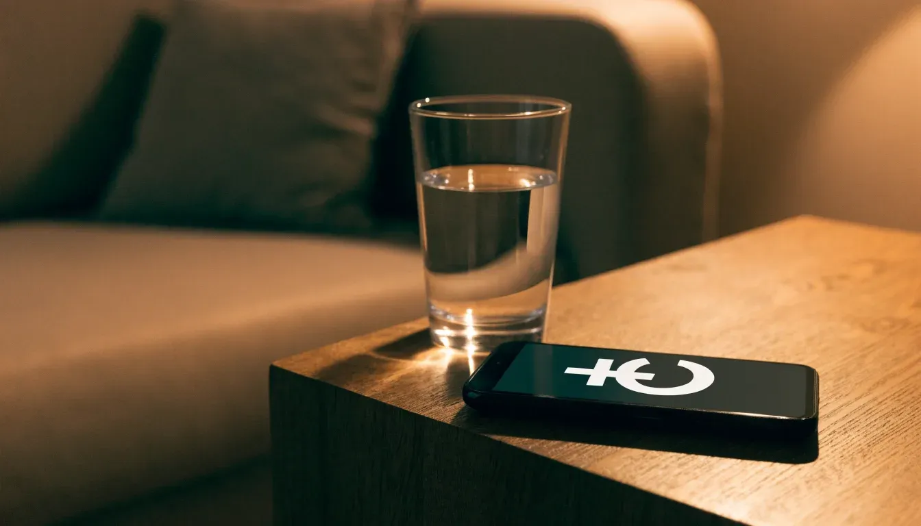 Ein Smartphone liegt mit dem Display nach unten auf einem Holztisch neben einem Glas Wasser, ruhige Abendstimmung in einem Wohnzimmer.
