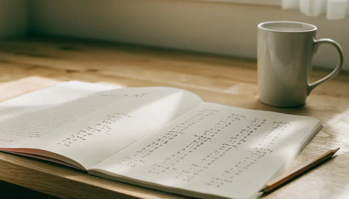 Ein Notizbuch mit handgeschriebenen Zahlenreihen liegt neben einem Taschenrechner und einem Bleistift auf einem hellen Tisch, Tageslicht von der Seite.