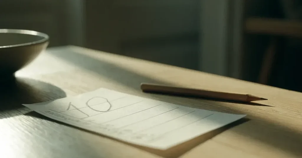 Ein blanker Wettschein aus Papier liegt neben einem Bleistift auf einem hellen Holztisch, daneben eine kleine Schale, ohne erkennbare Schrift.