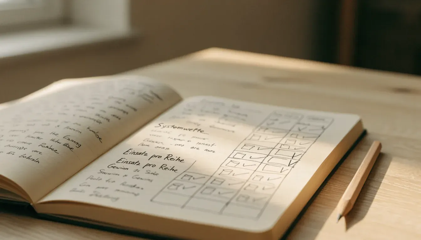 Ein aufgeschlagenes Notizbuch mit handschriftlichen Notizen und einfachen Skizzen liegt neben einem Bleistift auf einem hellen Holztisch.